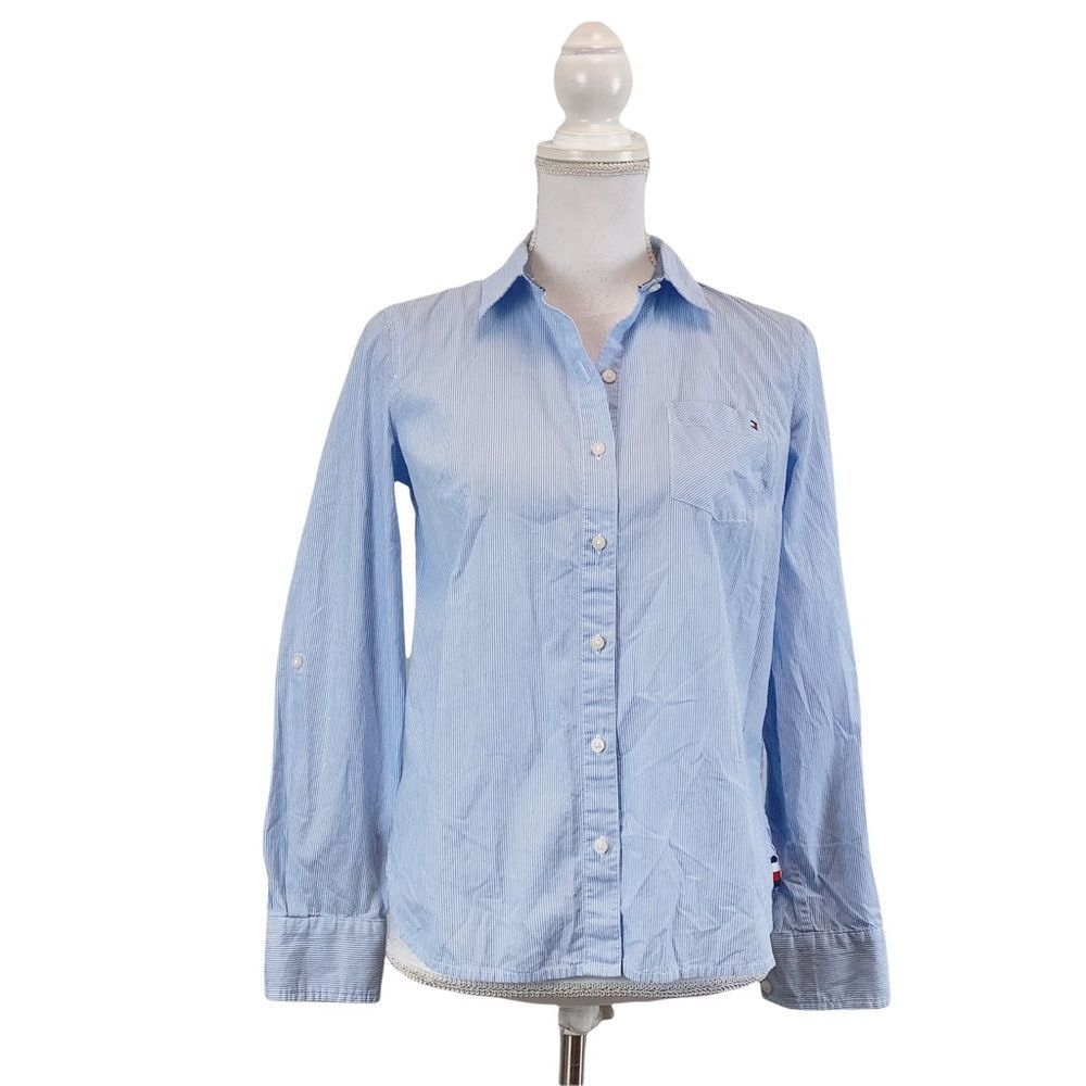 TOMMY HILFOGER Light Blue Pen Stripe Button Down Shirt Sz XS TP 100% Cotton - Picture 1 of 6